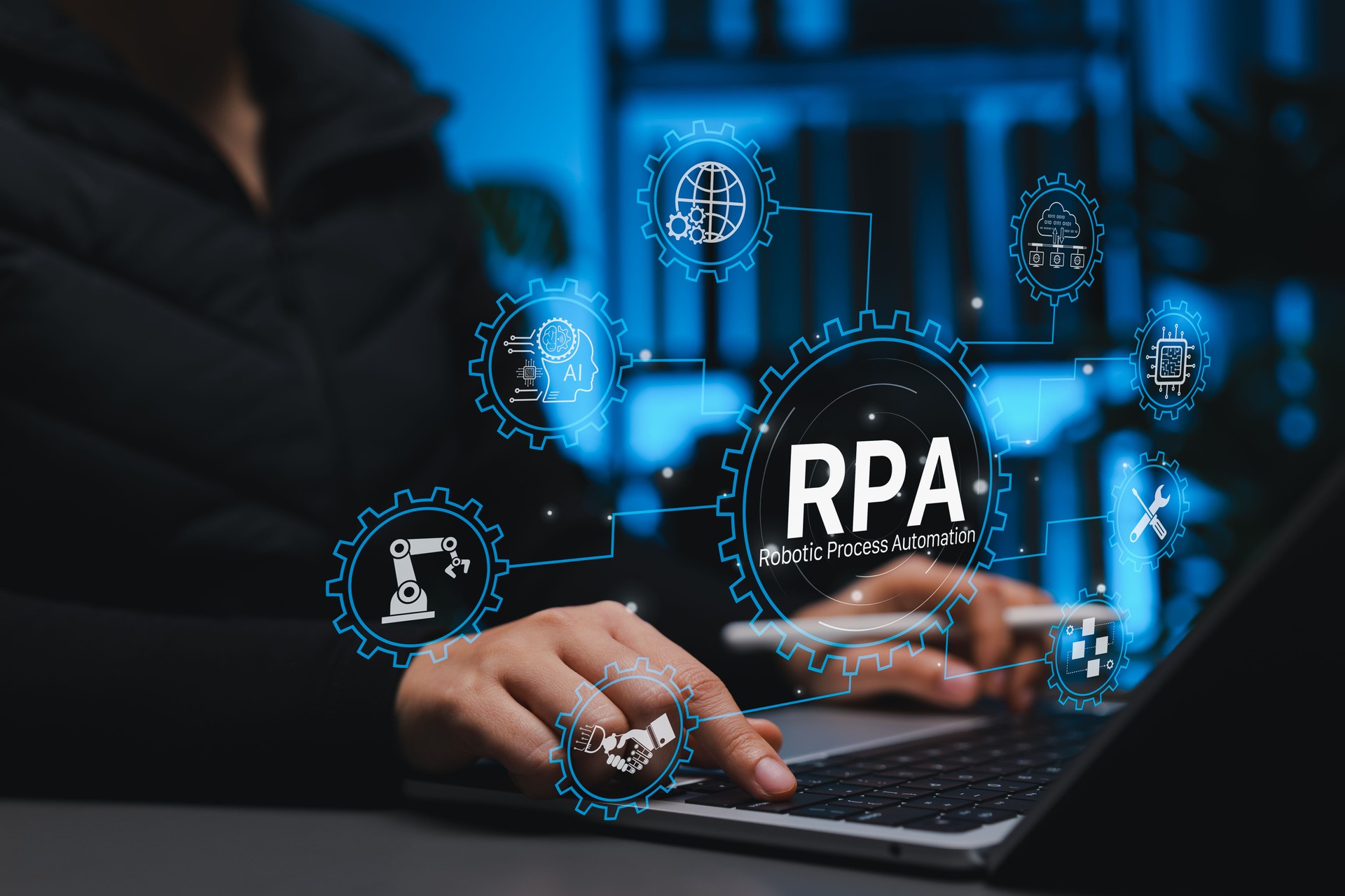 Robotic Process Automation (RPA) concept with virtual interface and RPA automation icons on screen, showing digital transformation, workflow efficiency, and AI-powered process management.