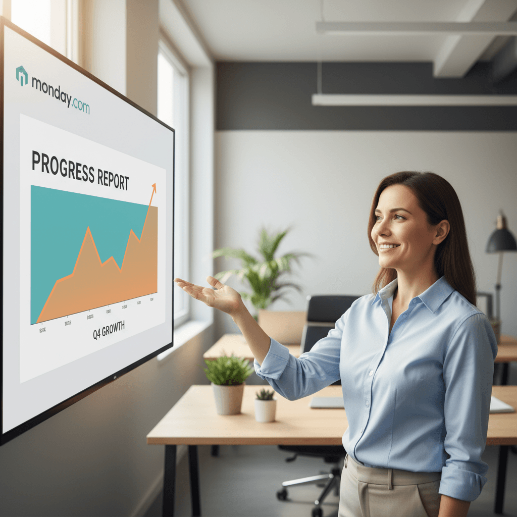 Operations manager reviewing growing project metrics and upward trends