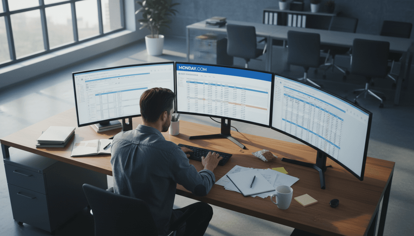 Business owner managing multiple systems and spreadsheets at desk