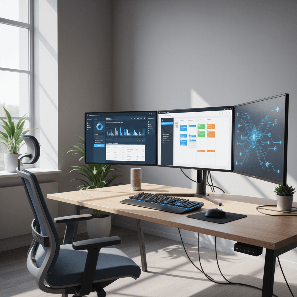 Multiple computer monitors showing integrated software platforms